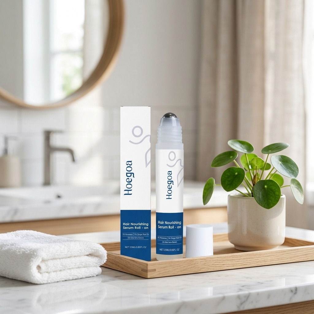 Hair Growth Serum Roller on a bathroom vanity