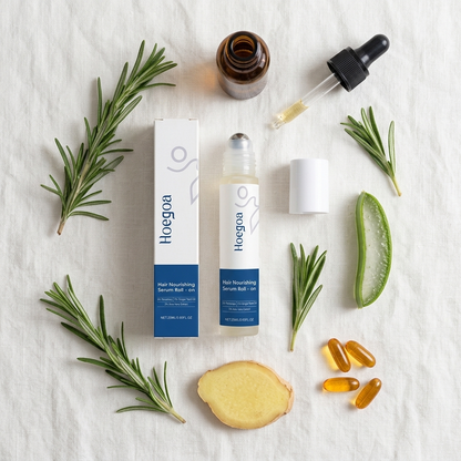 Hair Growth Serum Roller flat lay with rosemary, ginger and aloe