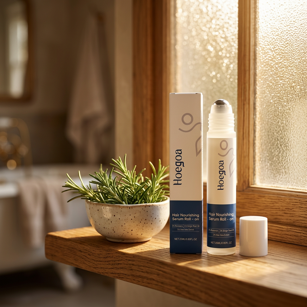 Hair Growth Serum Roller on a wooden shelf in golden hour light
